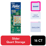Vertical product box showing Ziploc Slider Holiday Edition packaging with snowflake and gingerbread cookie design