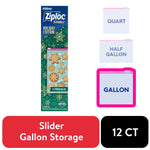 Tall Ziploc Slider Holiday Edition carton showing gingerbread cookie patterned gallon storage bag and size icons on white background.
