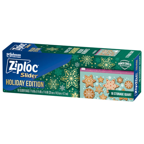 Angled view of Ziploc Slider Holiday Edition quart box showing snowflake pattern and sample bag art