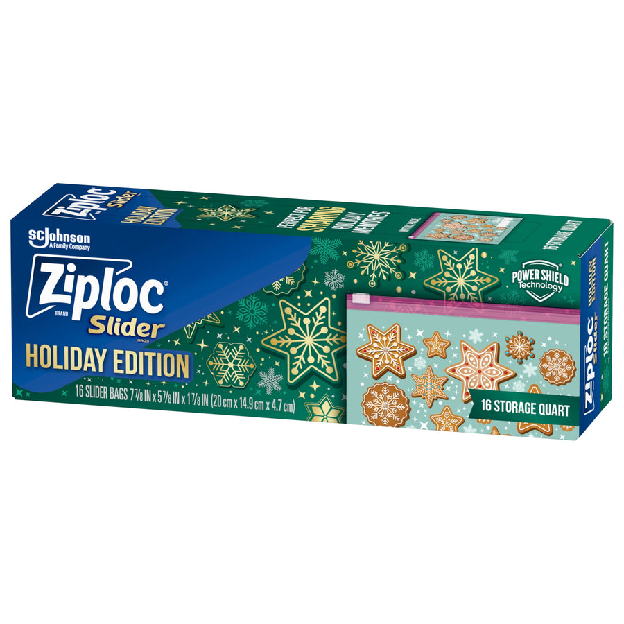 Angled view of Ziploc Slider Holiday Edition quart box showing snowflake pattern and sample bag art