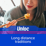 Lifestyle image with person eating using chopsticks over blue branded Ziploc promotional overlay