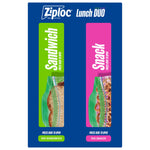 Blue Ziploc Lunch DUO package panel showing green 'Sandwich' and pink 'Snack' slot designs with bag images