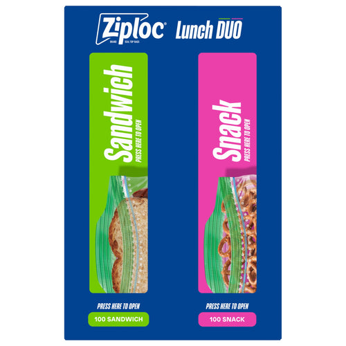 Blue Ziploc Lunch DUO package panel showing green 'Sandwich' and pink 'Snack' slot designs with bag images