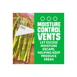 Green infographic panel highlighting 'Moisture Control Vents' beside image of asparagus in a ventilated Ziploc produce bag.