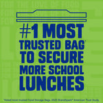 Green promotional panel stating '#1 Most Trusted Bag to Secure More School Lunches' in bold blue text.