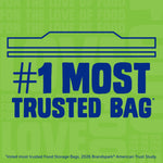 Green promotional panel with a stylized bag icon and bold text reading '#1 MOST TRUSTED BAG' against patterned background