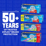 Promotional image showing multiple Ziploc Slider product boxes stacked with text '50+ Years of Trusted Ziploc Brand Protection'.