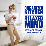 Woman standing in a bright kitchen holding a bowl, beside bold text reading 'Organized Kitchen Relaxed Mind' promotional graphic
