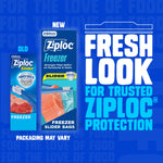 Packaging comparison graphic showing old and new Ziploc freezer slider box designs with large 'Fresh Look' headline