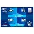 Blue graphic showing multiple Ziploc logos and packaging-style panels, including a visible '152' count label.