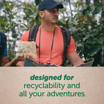 Man outdoors holding a map while another person holds a Ziploc recyclable paper bag, overlaid text about recyclability and adventures.