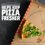 Slice of pizza in an open pizza box with copy stating Ziploc helps keep pizza fresher, promotional lifestyle image.