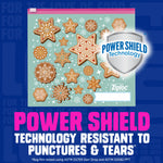 Close-up graphic of a Ziploc gallon storage bag with gingerbread cookie design and Power Shield technology shield emblem.