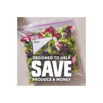 Top-down photo of a Ziploc produce bag filled with mixed salad leaves and bold text saying 'Designed to Help SAVE Produce & Money'.