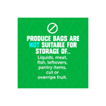 Green warning-style graphic stating produce bags are not suitable for liquids, meat, fish, leftovers and overripe fruit.