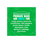 Green graphic listing vegetables and herbs that produce bags are great for, with a simple zipper icon at the top.