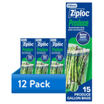 Illustration of a 12-pack display of Ziploc Produce breathable gallon bags with asparagus visible and a blue '12 Pack' banner.