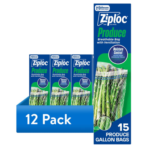Illustration of a 12-pack display of Ziploc Produce breathable gallon bags with asparagus visible and a blue '12 Pack' banner.