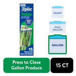 Ziploc Produce package art showing a box of 15 gallon produce bags with icon illustrations for quart, half gallon and gallon sizes.