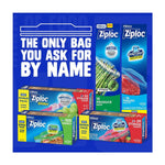 Blue promotional layout showing multiple Ziploc product boxes and large text reading 'The only bag you ask for by name'