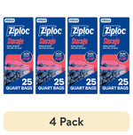 Four Ziploc quart storage bag boxes shown side-by-side with blueberries image and '25 quart bags' text.