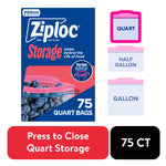 Ziploc quart storage bag product box with icons for quart, half gallon, gallon and callouts for press-to-close and 75 count.