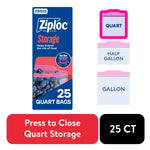 Single Ziploc quart storage bag box with icons for quart, half gallon and gallon and 'Press to Close Quart Storage' badge.