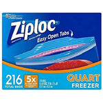 Front-facing Ziploc quart freezer bags box with easy open tabs artwork and prominent '216' quantity