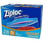 Angled view of Ziploc quart freezer bag box showing easy open tabs illustration and 216 total bags label