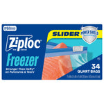 Front-facing Ziploc Freezer Slider quart box showing slider zipper, Power Shield badge and '34 quart bags' labeling.