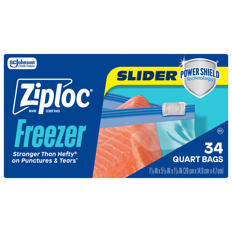 Front-facing Ziploc Freezer Slider quart box showing slider zipper, Power Shield badge and '34 quart bags' labeling.