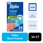 Ziploc Freezer Slider quart bag packaging art showing slider zipper, salmon piece and '34 quart bags' callout.