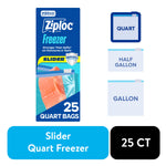 Tall product box graphic showing Ziploc Freezer slider packaging with salmon piece and icons for quart, half gallon, gallon