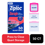 Boxed Ziploc quart storage bag package with blueberries visible on the front and bold 50 quart bags text
