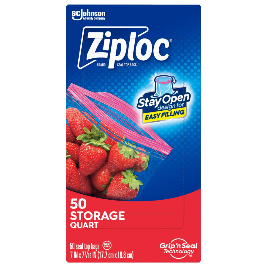 Front-facing Ziploc quart storage box showing strawberries through a partially illustrated bag and Stay Open design badge