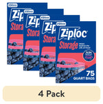 Four Ziploc quart storage bag boxes with blueberries image and '75 quart bags' packaging artwork.