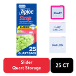 Single Ziploc Slider quart storage box with icons for quart, half gallon, gallon and '25 CT' badge