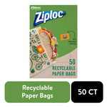 Single Ziploc recyclable paper bag box on white background with green header, sandwich image and labels reading 50 recyclable paper bags.