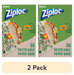 Two Ziploc recyclable paper sandwich bag boxes side-by-side showing green packaging and "50 recyclable paper bags" text.