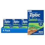 Four-pack display of Ziploc Sandwich bag boxes with one enlarged 300-count box shown, blue and green packaging.