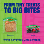 Split green and pink graphic showing a sandwich bag on the left and a snack bag of berries on the right with promotional headline