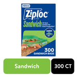 Blue and green Ziploc Sandwich box front showing EasyGuide seal graphic and '300 Sandwich Bags' label