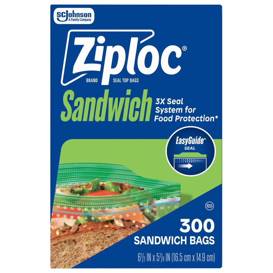 Tall Ziploc Sandwich product box front with logo, EasyGuide seal icon and '300 Sandwich Bags' count