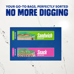 Illustrated blue card showing two horizontal panels labeled 'Sandwich' and 'Snack' with bag images and headline 'No More Digging'