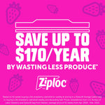 Bold pink promotional graphic reading Save up to $170/year by wasting less produce with Ziploc logo and strawberry icons