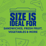 Green graphic panel stating size is ideal for sandwiches, fresh fruit, vegetables and more with bag icon