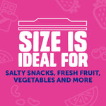 Pink promotional panel reading 'SIZE IS IDEAL FOR' with examples like salty snacks and fresh fruit in bold text