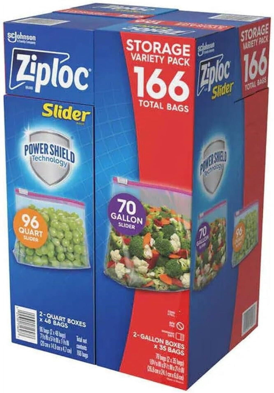 Ziploc Slider storage variety pack box showing Power Shield logo and panels for quart and gallon bag sizes