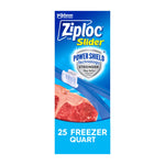 Vertical panel showing Ziploc Slider branding, Power Shield emblem and a steak image with text "25 Freezer Quart"