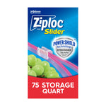 Portrait retail-style Ziploc Slider packaging showing a slider zipper, Power Shield badge and ‘75 Storage Quart’ label.
